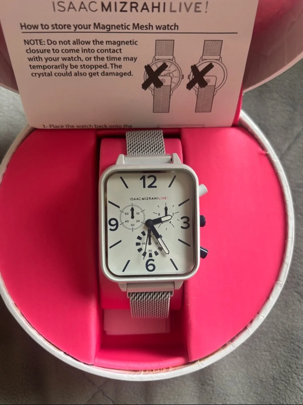 ISAAC MIZRAHI Silver Mesh Square Dial Magnet Watch - White Face